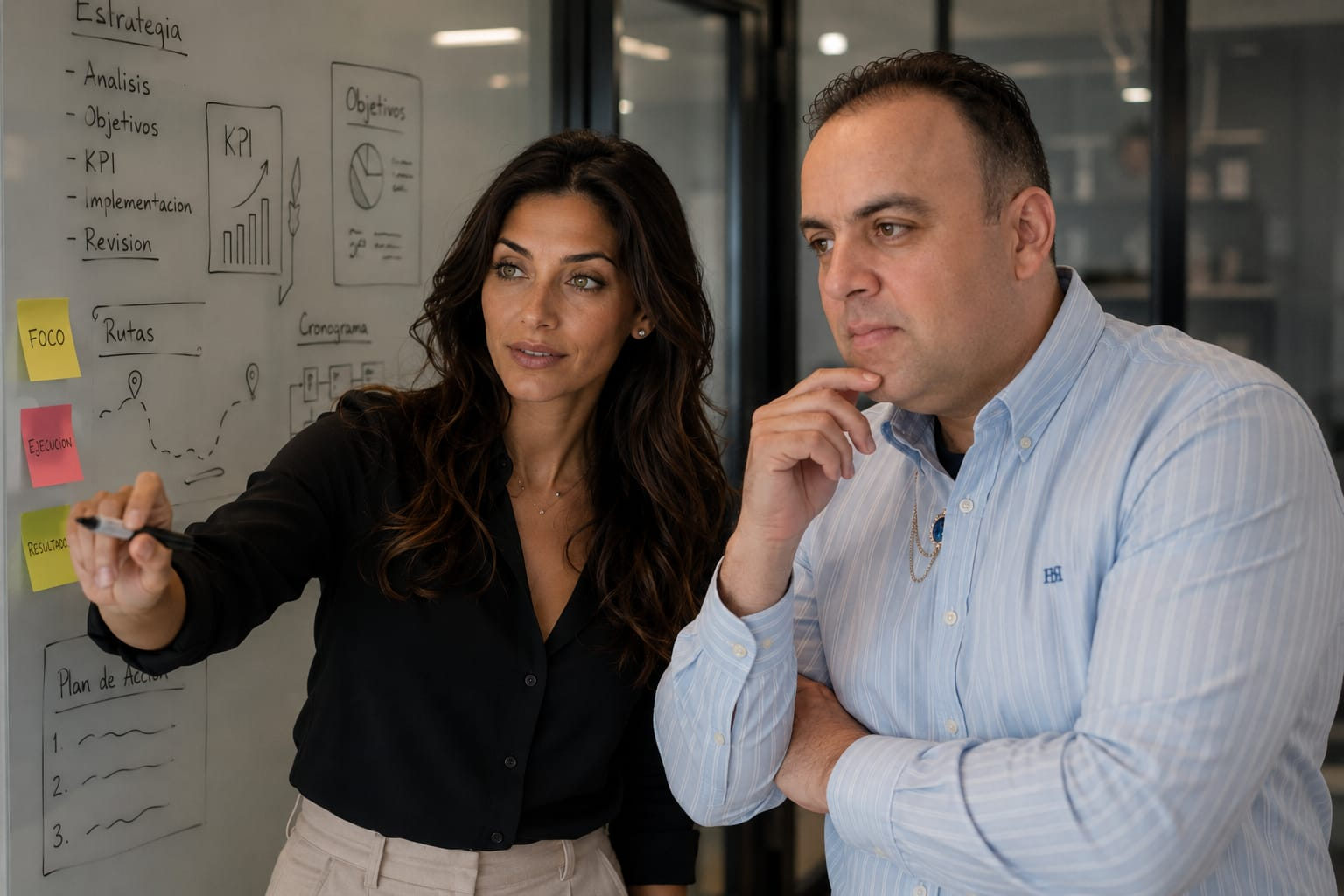 Brand illustration of Oscar and SAMANTHA considering a strategy